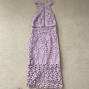 BARDOT HALTER CROCHET MIDI DRESS PURPLE XS
